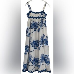 Blue White Floral Ric Rac Maxi Dress Linen Blend Pockets Farm Rio Style S